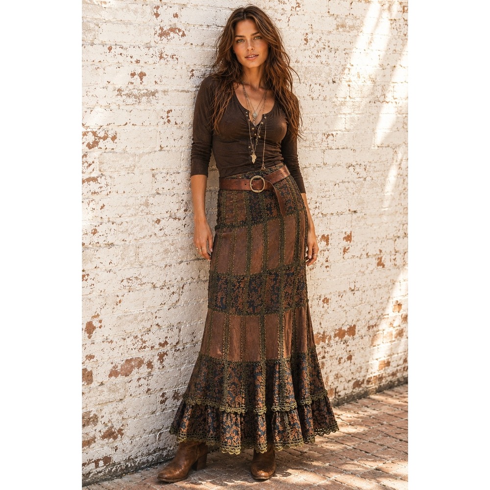 Vintage Leilei Brown Leather Rayon Maxi Skirt Patchwork Crochet Boho Small